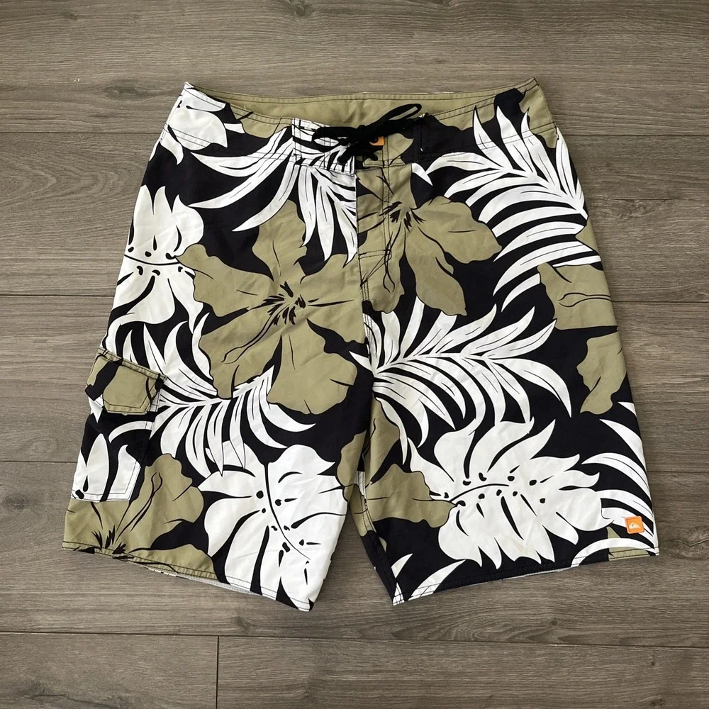Quiksilver Boardshorts Mens Sz 34 Floral Black Green Drawstring